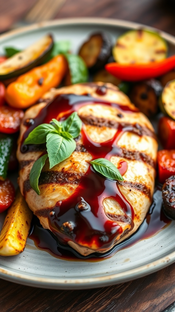 Balsamic glazed chicken breast garnished with basil, served with roasted vegetables on a rustic table.